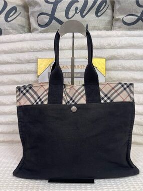 Burberry Black Canvas Tote with Signature Beige Check Trim